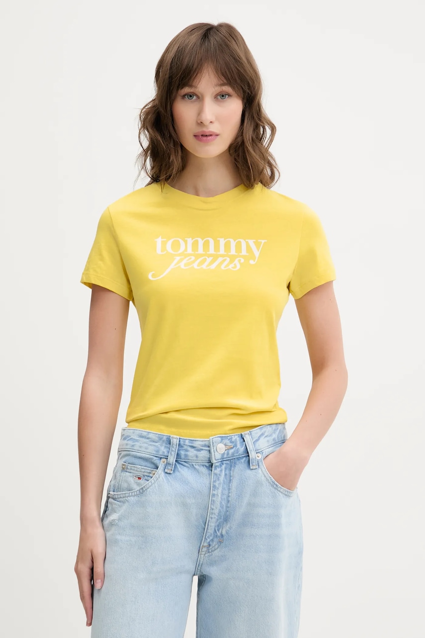 Tommy Jeans tricou din bumbac femei, culoarea galben, DW0DW19447 Tommy Jeans tricou din bumbac femei, culoarea galben, DW0DW19447