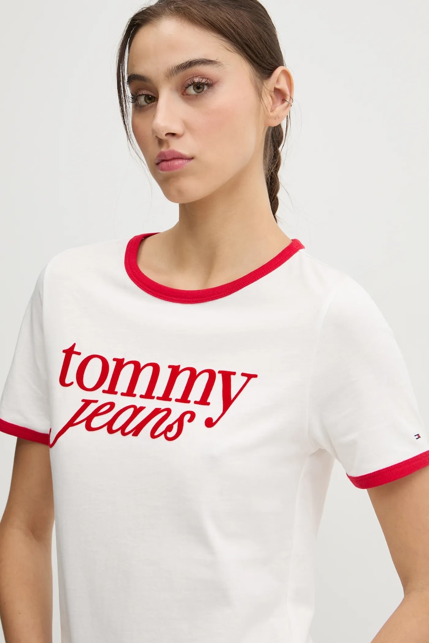 Tommy Jeans tricou din bumbac femei, culoarea bej, DW0DW19449 Tommy Jeans tricou din bumbac femei, culoarea bej, DW0DW19449