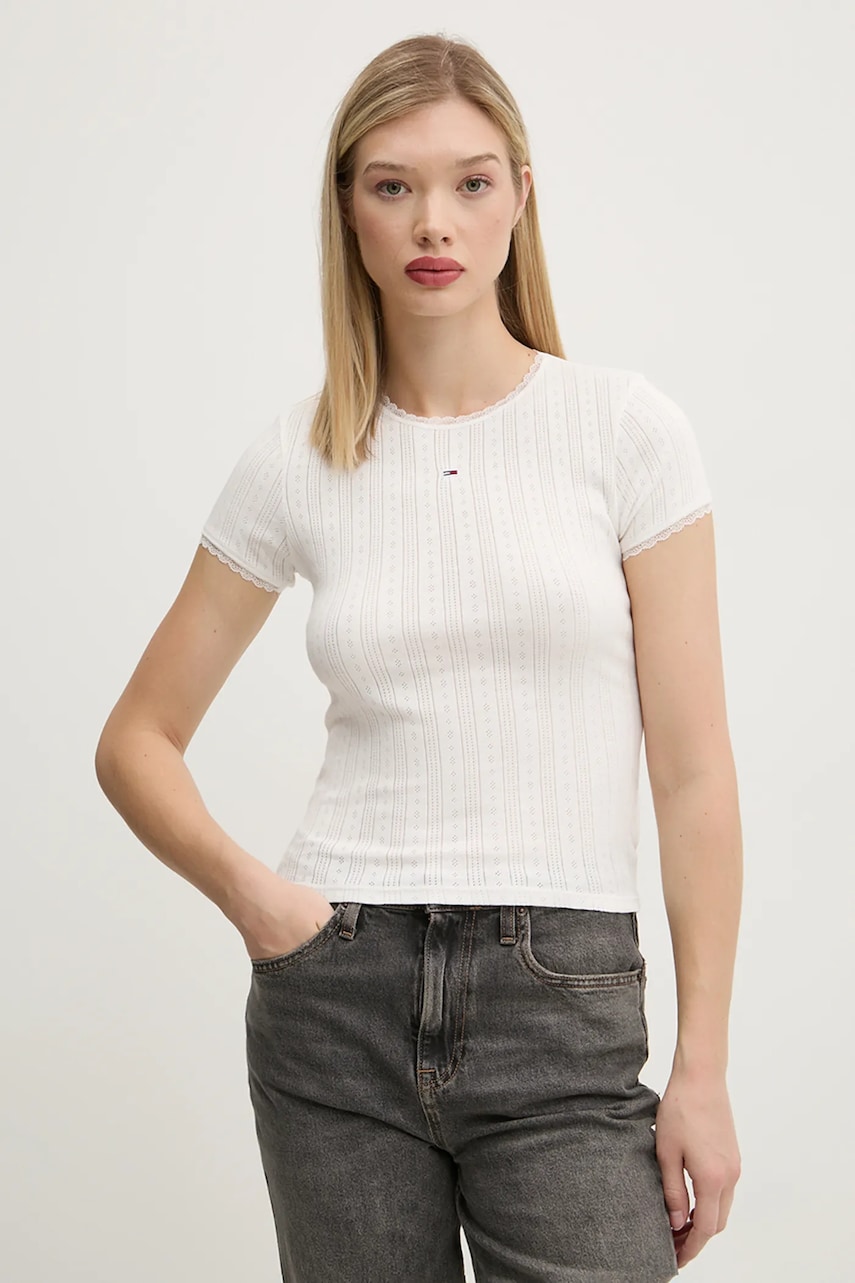 Tommy Jeans tricou din bumbac femei, culoarea alb, DW0DW19493 Tommy Jeans tricou din bumbac femei, culoarea alb, DW0DW19493