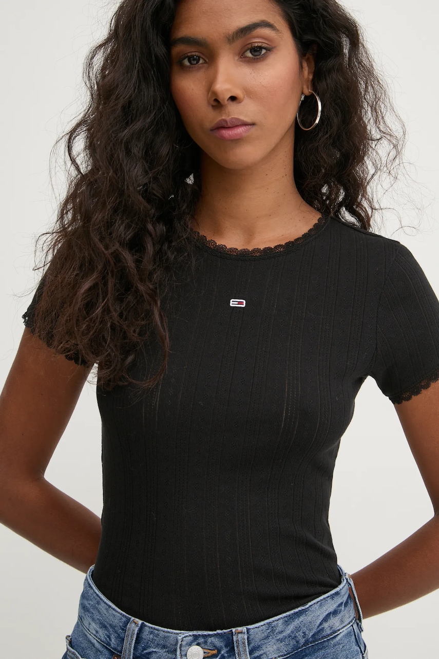 Tommy Jeans tricou din bumbac femei, culoarea negru, DW0DW19493