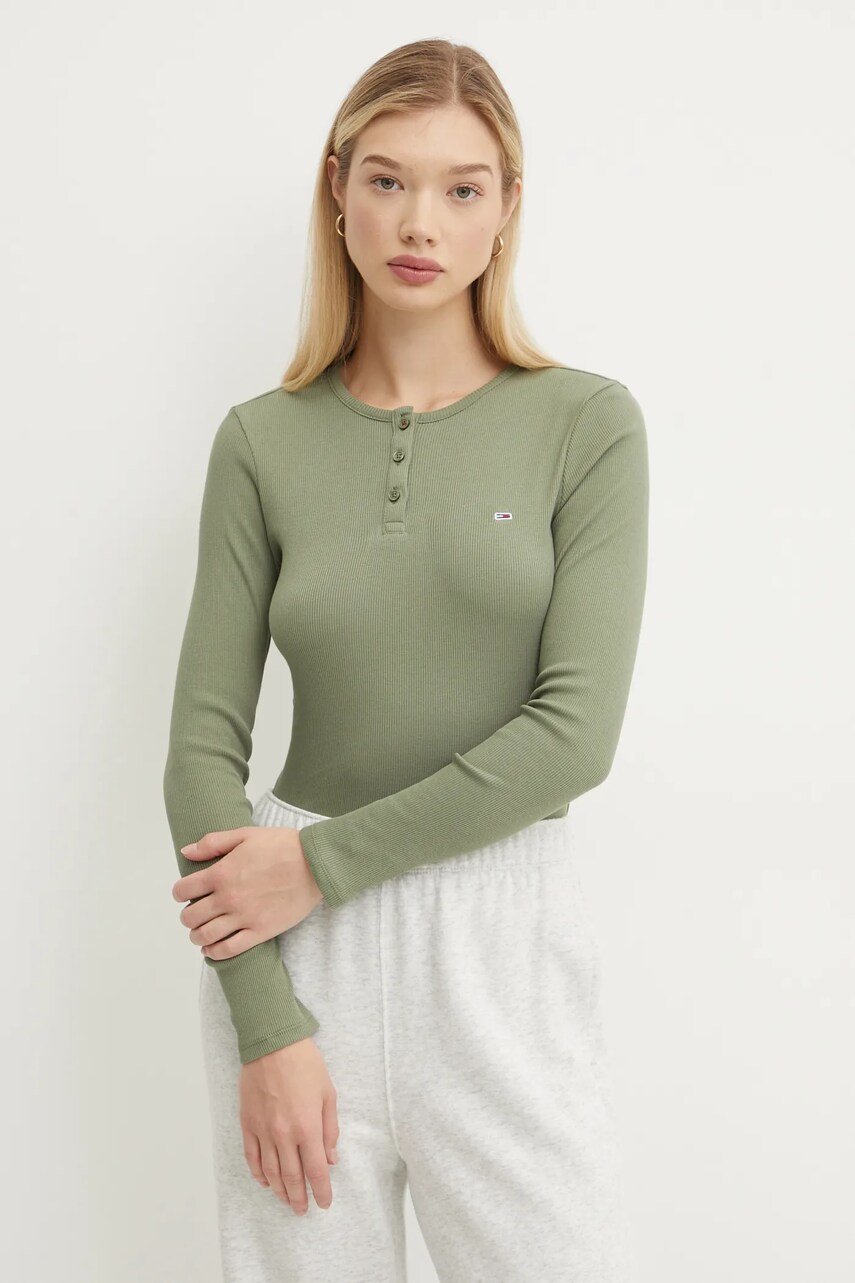 Tommy Jeans longsleeve din bumbac culoarea verde, DW0DW19501