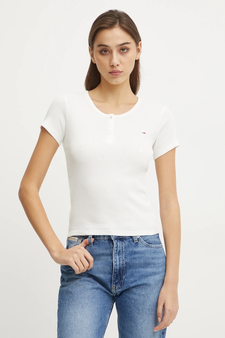 Tommy Jeans tricou din bumbac femei, culoarea alb, DW0DW19502 Tommy Jeans tricou din bumbac femei, culoarea alb, DW0DW19502