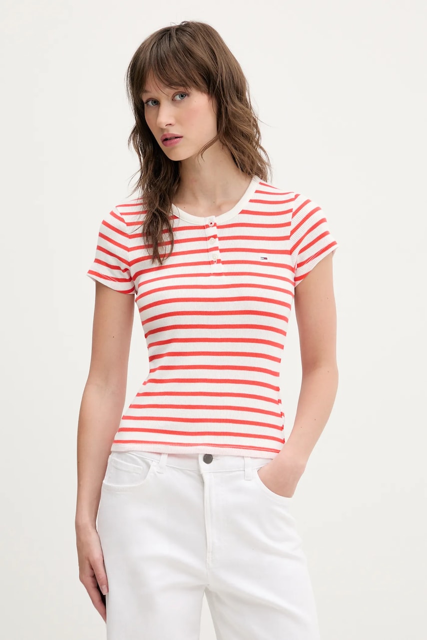 Tommy Jeans tricou din bumbac femei, culoarea rosu, DW0DW19502 Tommy Jeans tricou din bumbac femei, culoarea rosu, DW0DW19502