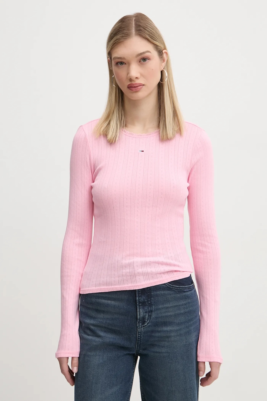 Levně Bavlněné tričko s dlouhým rukávem Tommy Jeans růžová barva, s pologolfem, DW0DW19503