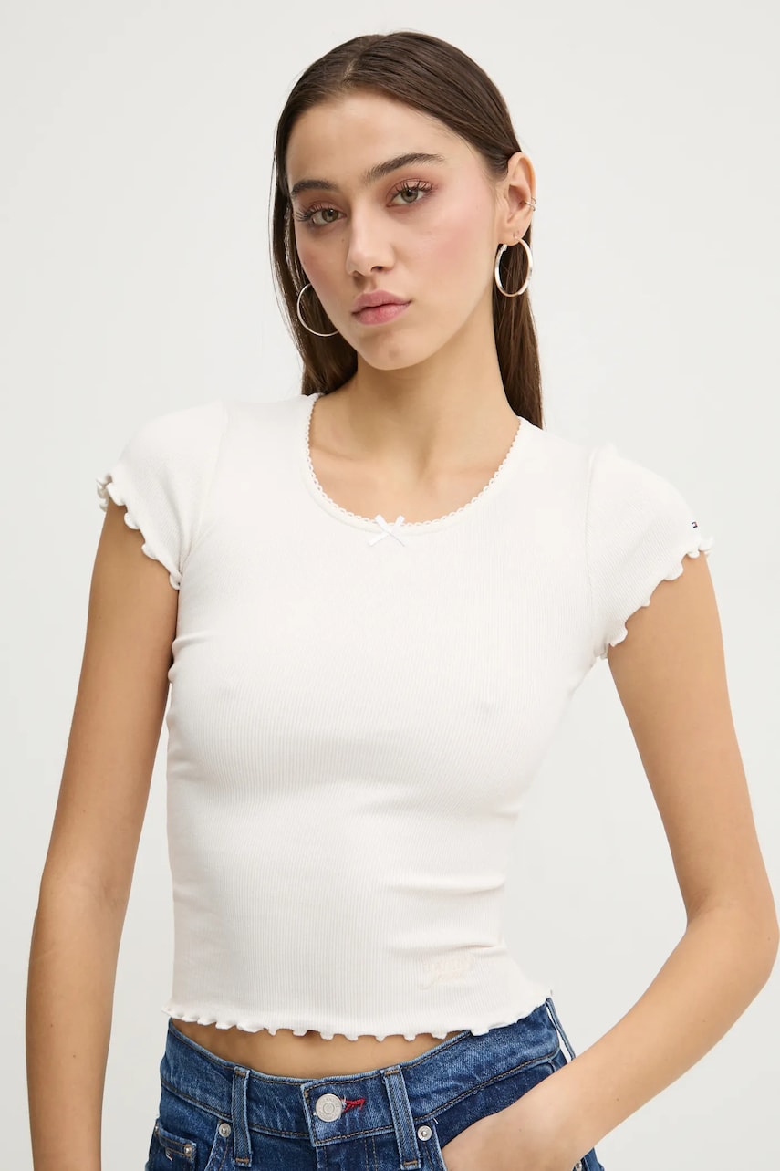 Tommy Jeans tricou femei, culoarea bej, DW0DW19504 Tommy Jeans tricou femei, culoarea bej, DW0DW19504