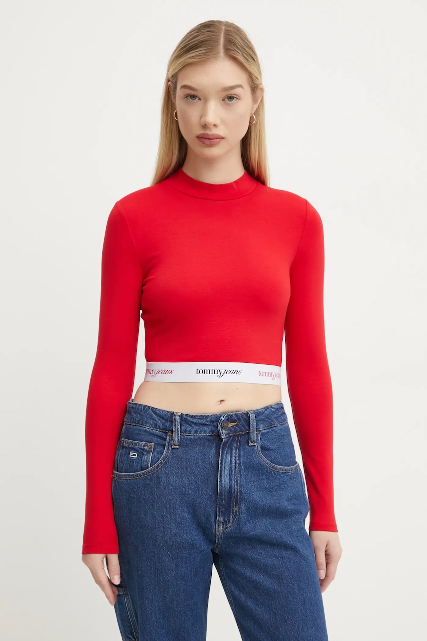 Tommy Jeans longsleeve femei, culoarea roșu, cu turtleneck, DW0DW19510