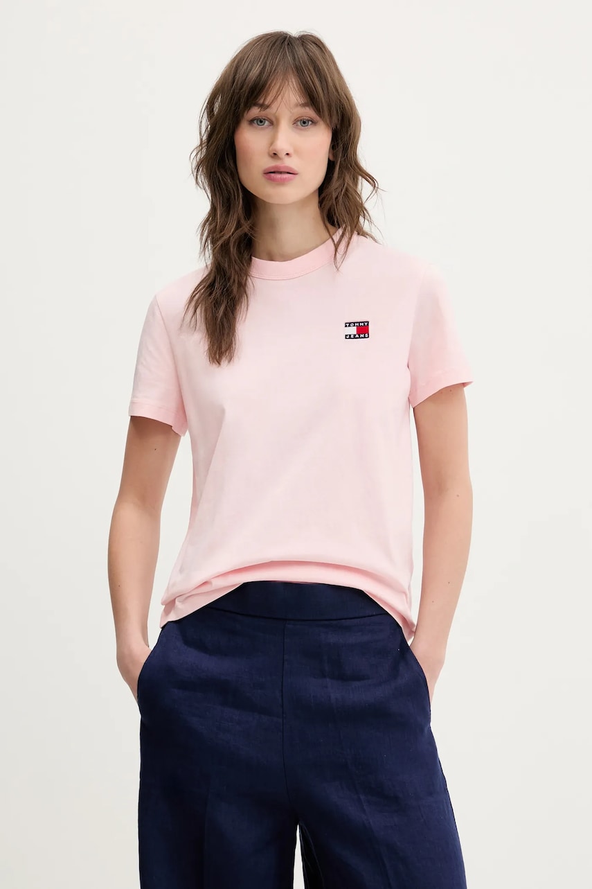 Tommy Jeans tricou din bumbac femei, culoarea roz, DW0DW20153 Tommy Jeans tricou din bumbac femei, culoarea roz, DW0DW20153