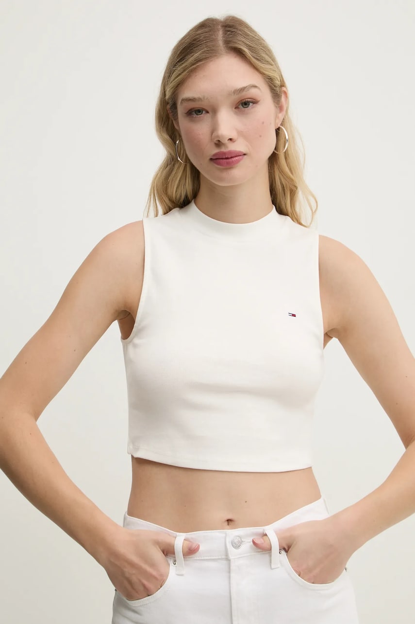Tommy Jeans top femei, culoarea bej, cu turtleneck, DW0DW20177 Tommy Jeans top femei, culoarea bej, cu turtleneck, DW0DW20177