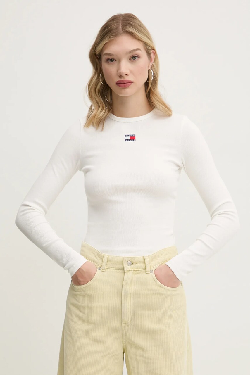 Levně Tričko s dlouhým rukávem Tommy Jeans béžová barva, DW0DW20178