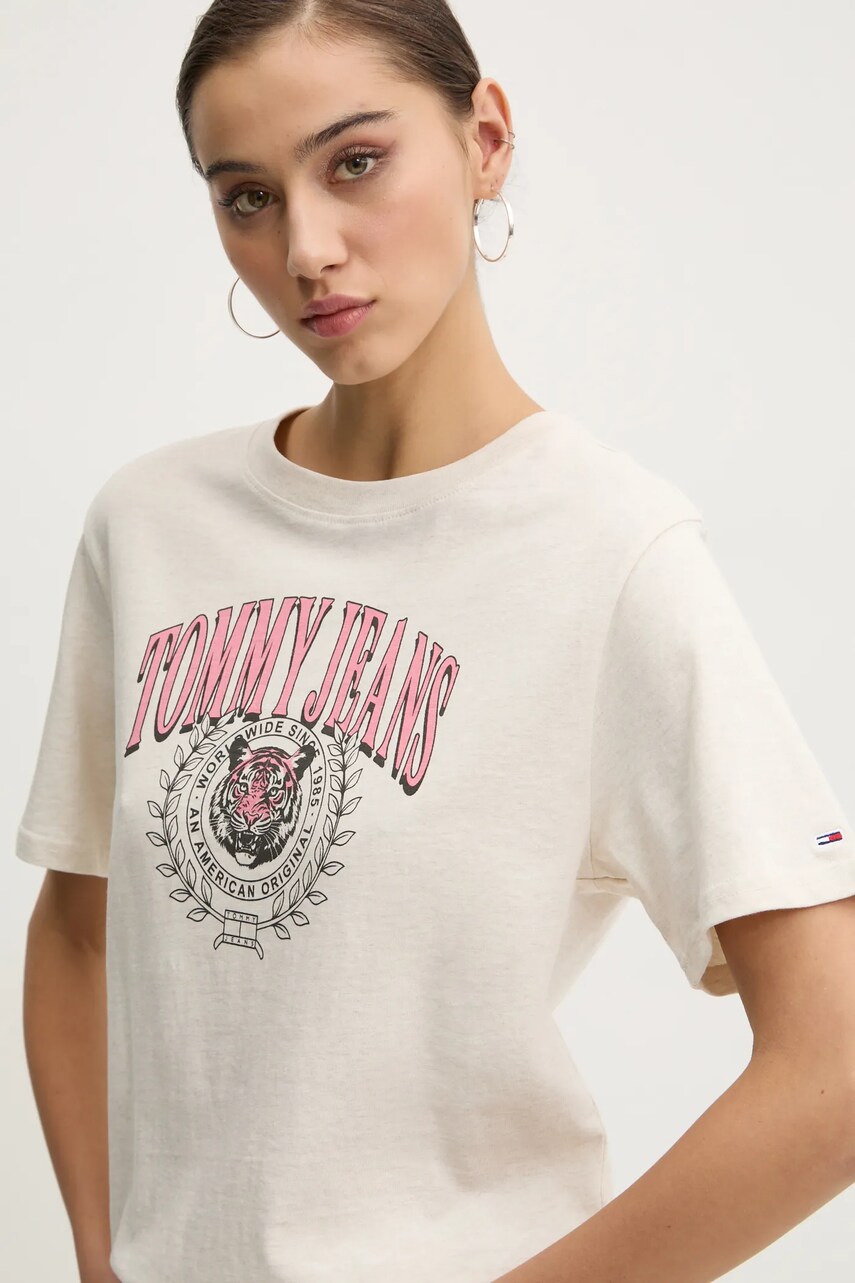 Tommy Jeans tricou din bumbac femei, culoarea bej, DW0DW20212