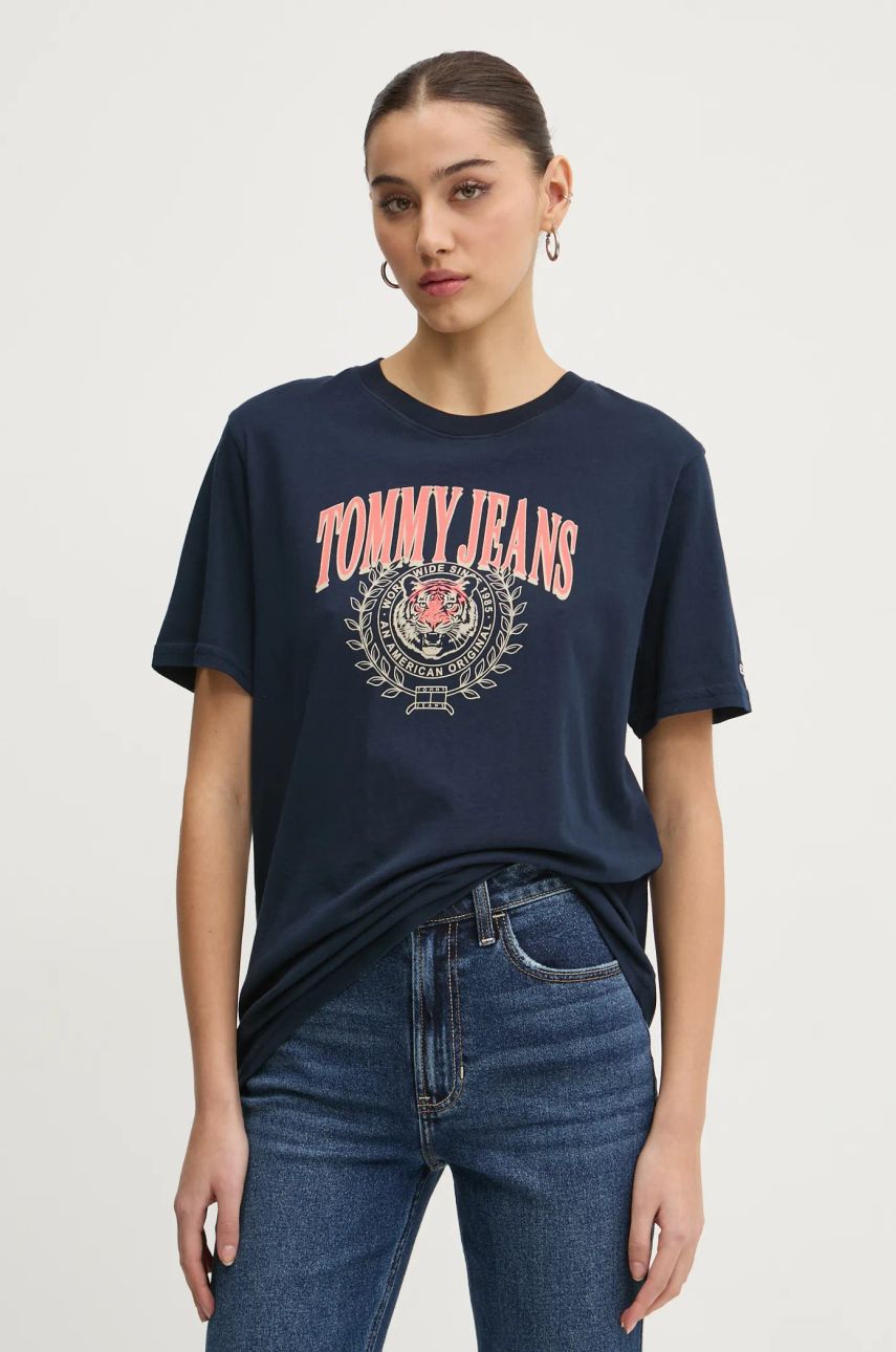 Tommy Jeans tricou din bumbac femei, culoarea bleumarin, DW0DW20212