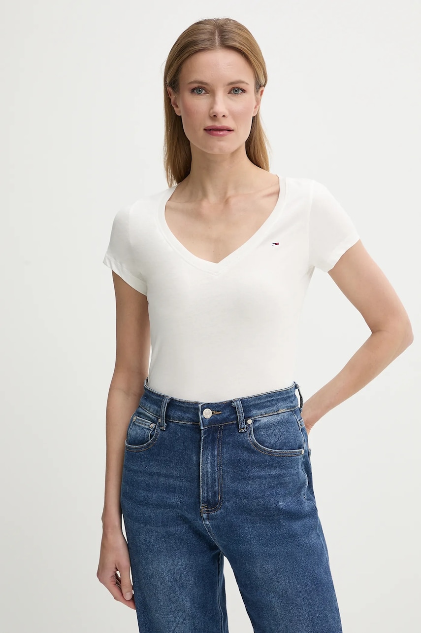 Tommy Jeans tricou din bumbac femei, culoarea alb, DW0DW20458 Tommy Jeans tricou din bumbac femei, culoarea alb, DW0DW20458