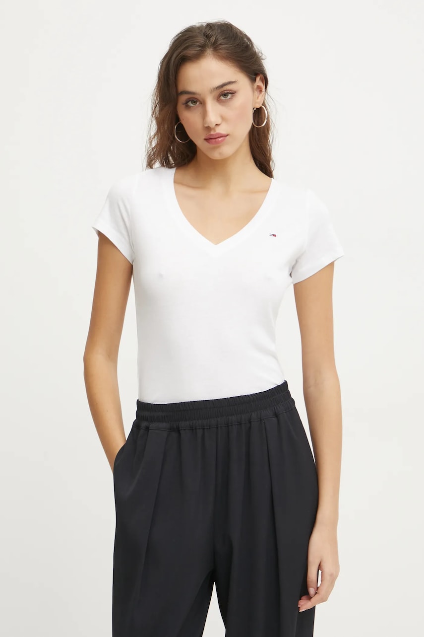 Tommy Jeans tricou din bumbac femei, culoarea alb, DW0DW20458 Tommy Jeans tricou din bumbac femei, culoarea alb, DW0DW20458