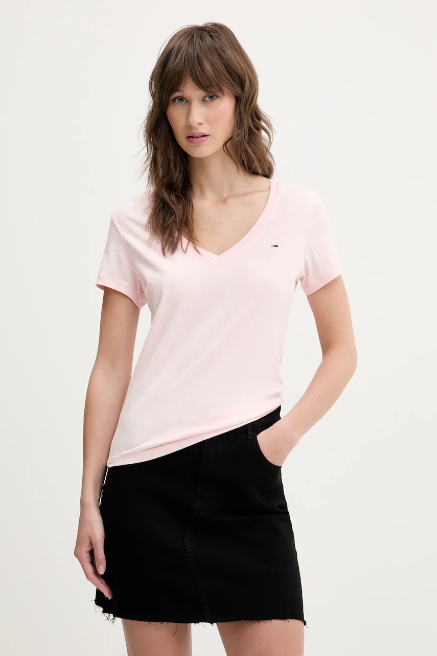 Tommy Jeans tricou din bumbac femei, culoarea roz, DW0DW20458