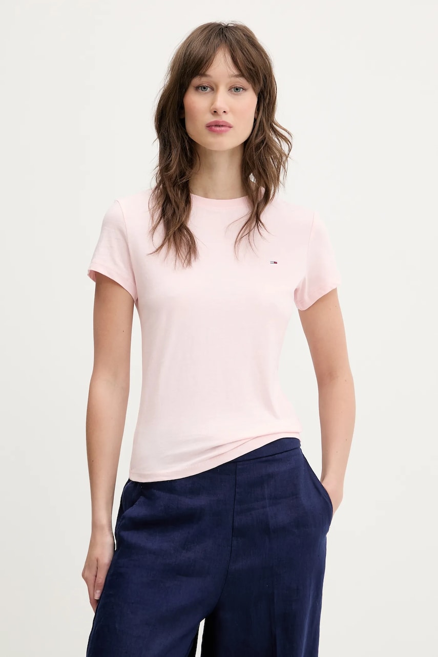 Tommy Jeans tricou din bumbac femei, culoarea roz, DW0DW20459 Tommy Jeans tricou din bumbac femei, culoarea roz, DW0DW20459