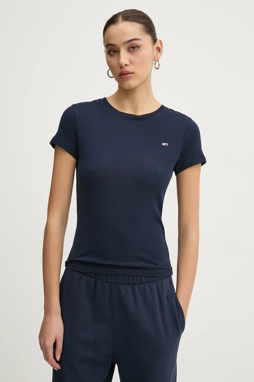 Tommy Jeans tricou din bumbac femei, culoarea albastru marin, DW0DW20459 Tommy Jeans tricou din bumbac femei, culoarea albastru marin, DW0DW20459