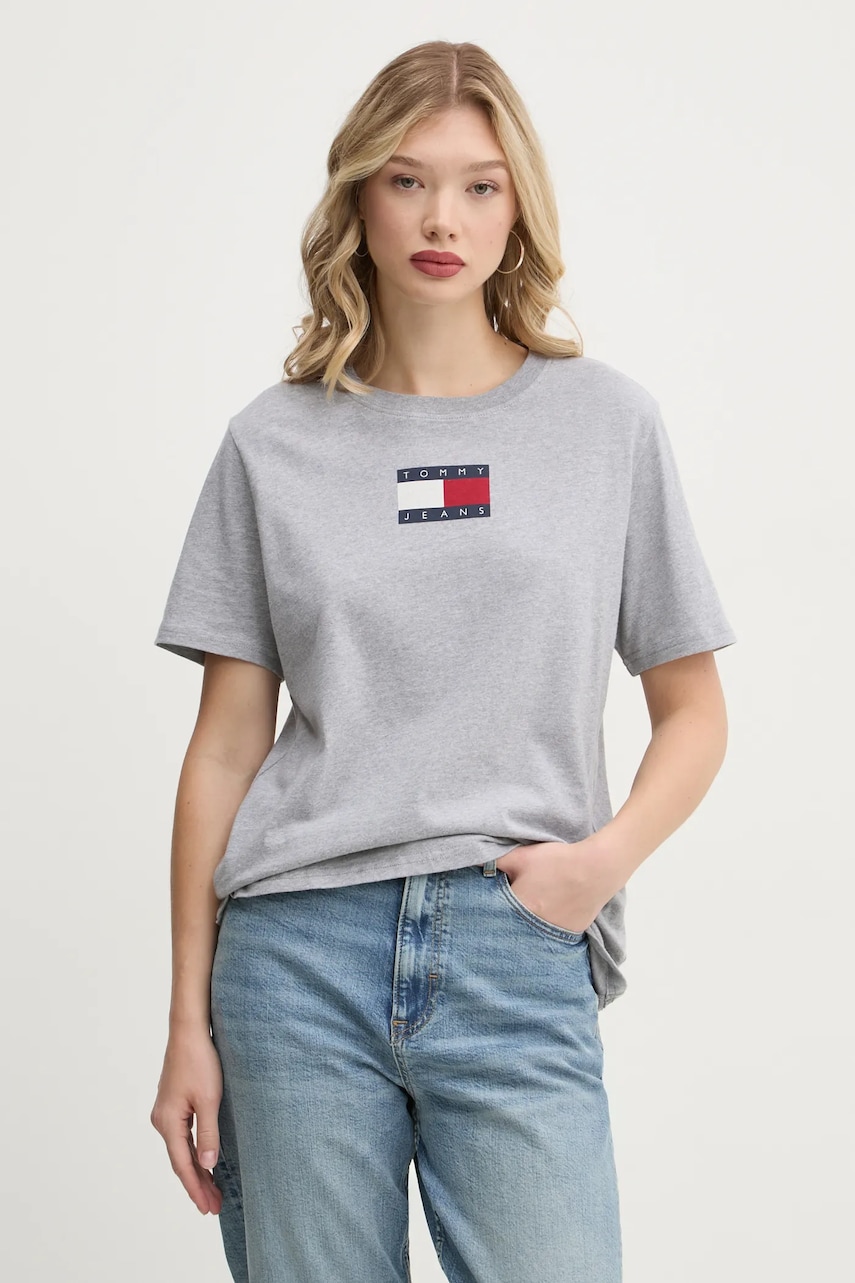 Tommy Jeans tricou din bumbac femei, culoarea gri, DW0DW20461 Tommy Jeans tricou din bumbac femei, culoarea gri, DW0DW20461