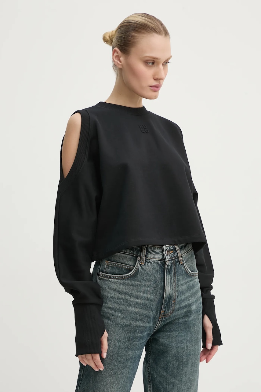 HUGO hanorac de bumbac femei, culoarea negru, neted, 50530445