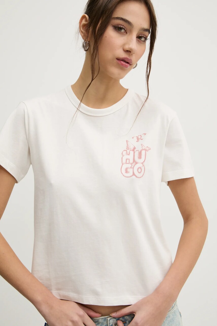 HUGO tricou din bumbac femei, culoarea bej, 50534246