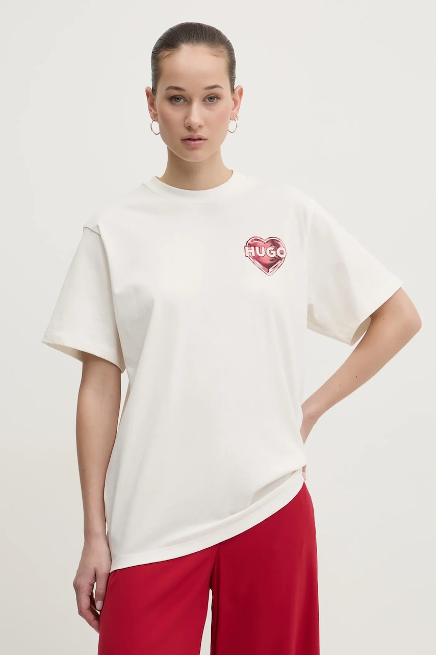 HUGO tricou din bumbac femei, culoarea bej, 50534545