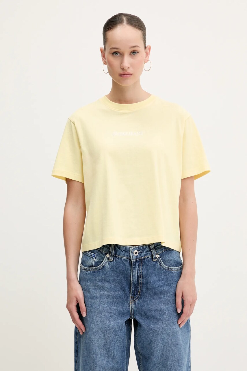 Levně Bavlněné tričko Guess Jeans žlutá barva, W5RI42 K8HM0