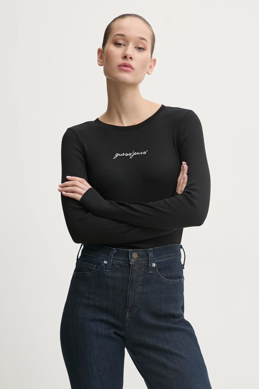 Levně Tričko s dlouhým rukávem Guess Jeans černá barva, W5RI58 KA0H1