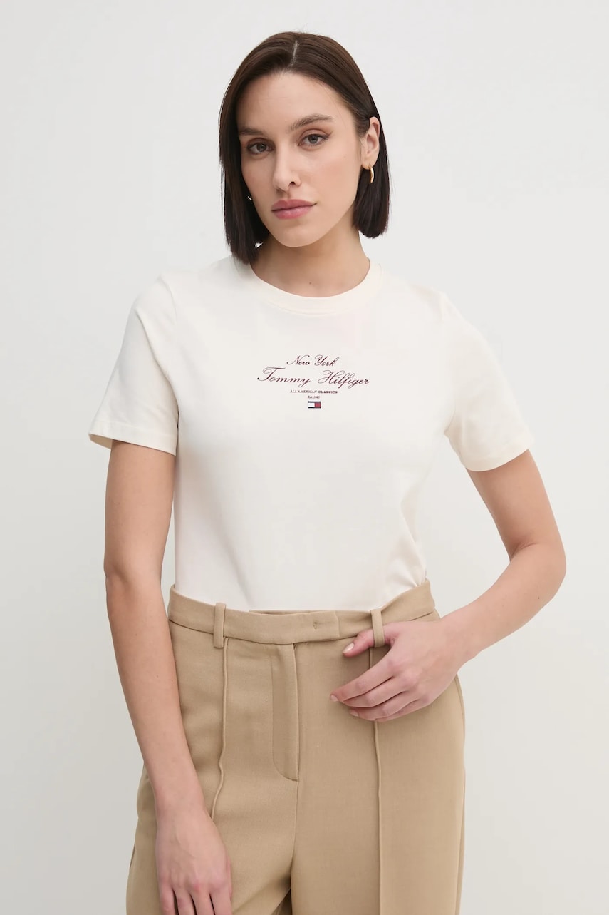 Levně Bavlněné tričko Tommy Hilfiger béžová barva, WW0WW43895