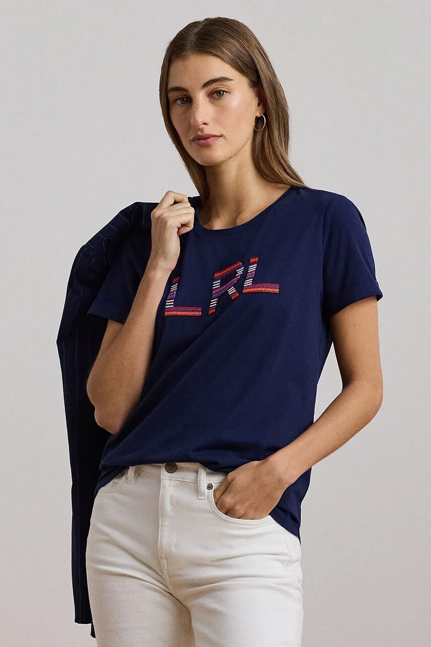 Levně Bavlněné tričko Lauren Ralph Lauren tmavomodrá barva, 200957668