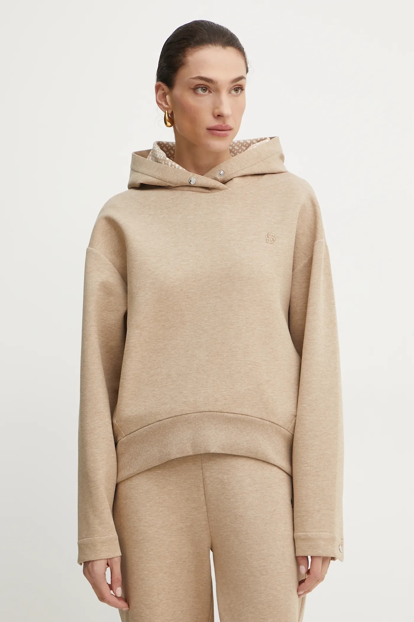 BOSS bluza femei, culoarea bej, cu glugă, melanj, 50532026