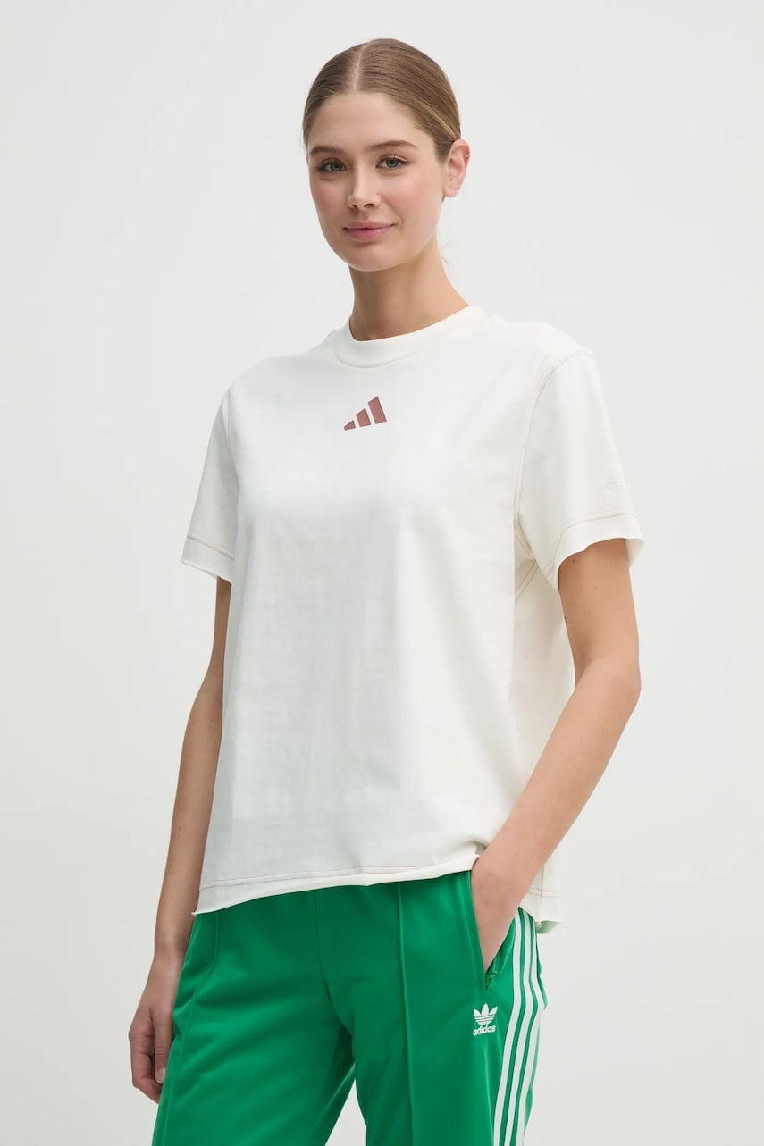 adidas tricou din bumbac ALL SZN Graphic femei, culoarea bej, JN7384 adidas tricou din bumbac ALL SZN Graphic femei, culoarea bej, JN7384