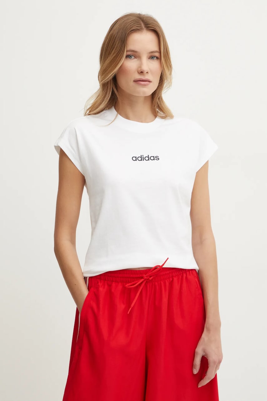 adidas tricou din bumbac Essentials Linear femei, culoarea bej, JC8239 adidas tricou din bumbac Essentials Linear femei, culoarea bej, JC8239