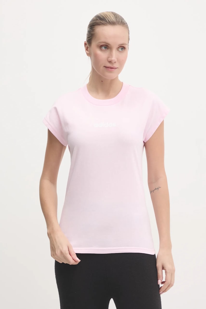 adidas tricou din bumbac Essentials Linear femei, culoarea roz, JG8659 adidas tricou din bumbac Essentials Linear femei, culoarea roz, JG8659