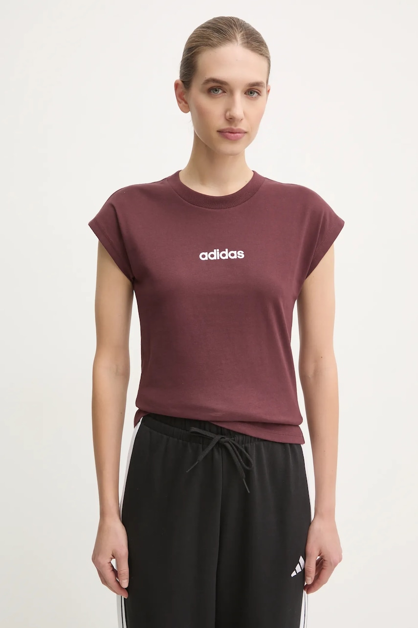 adidas tricou din bumbac Essentials Linear femei, culoarea bordo, JG8663 adidas tricou din bumbac Essentials Linear femei, culoarea bordo, JG8663