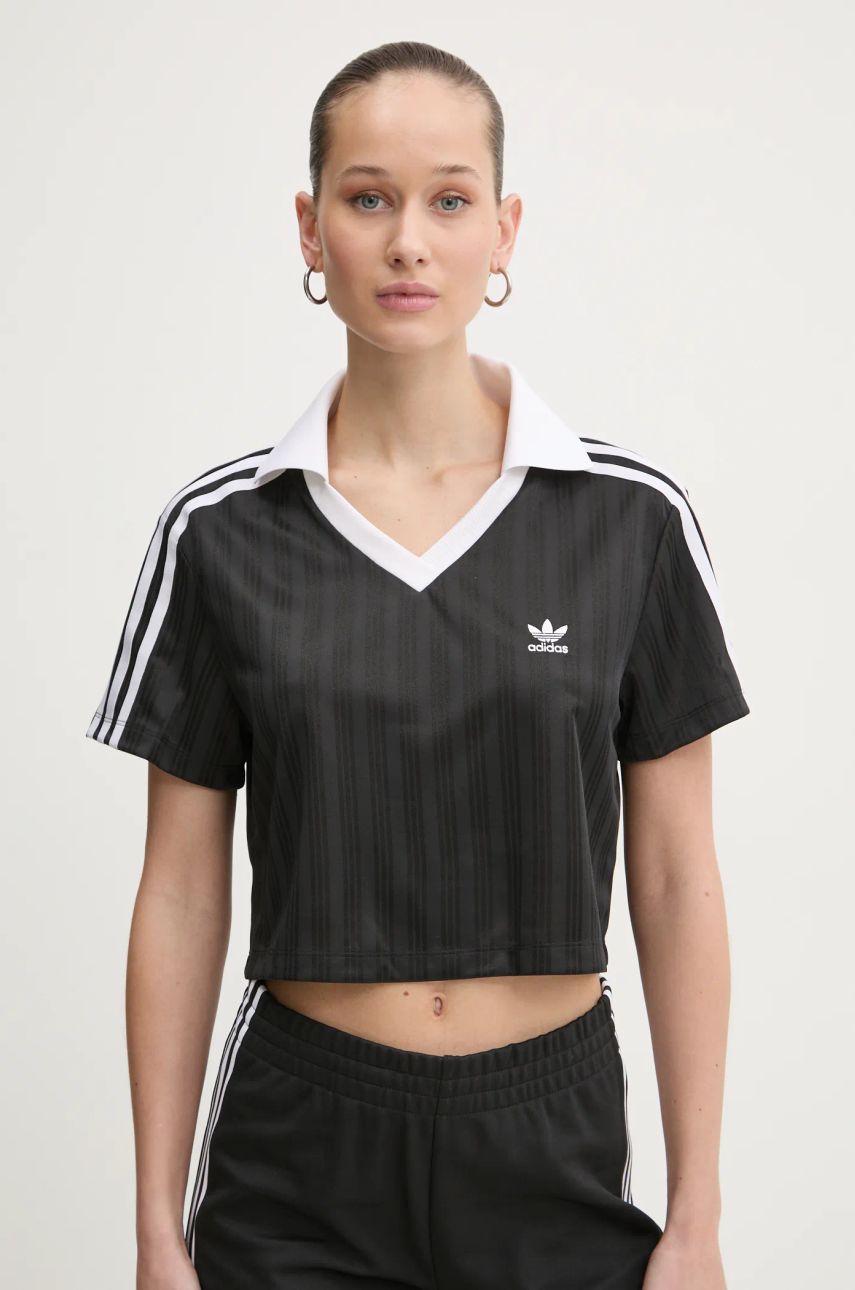 adidas Originals tricou V-NECK POLO femei, culoarea negru, JD2606