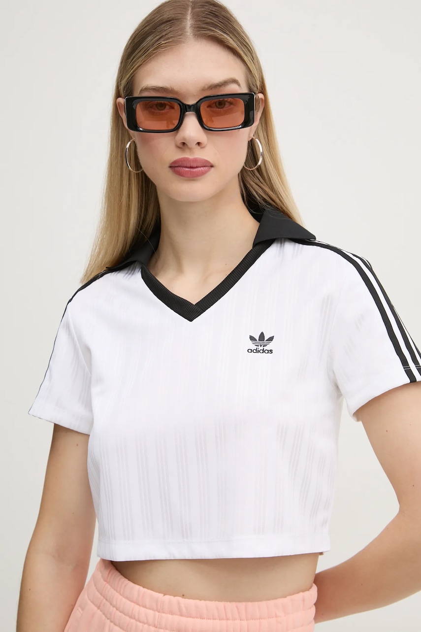 adidas Originals tricou V-NECK POLO femei, culoarea alb, JD2608 adidas Originals tricou V-NECK POLO femei, culoarea alb, JD2608