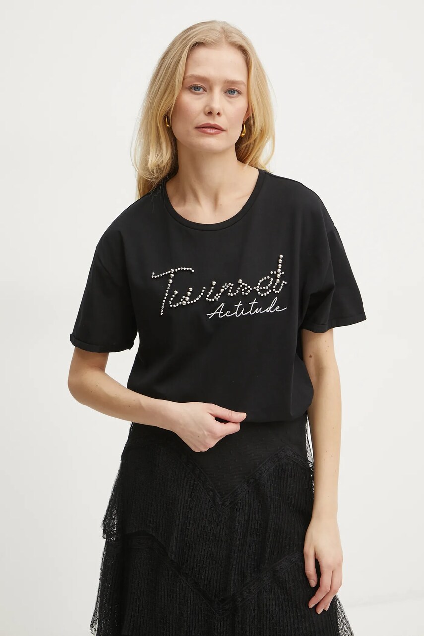 Levně Bavlněné tričko Twinset černá barva, 251AP2162