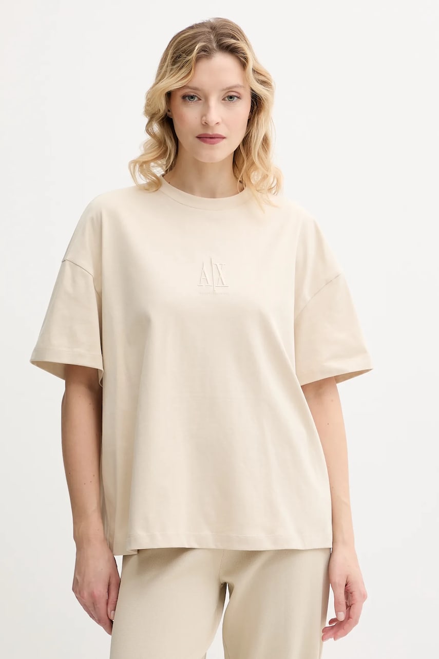 Levně Bavlněné tričko Armani Exchange dámské, béžová barva, XW001182 AF15085