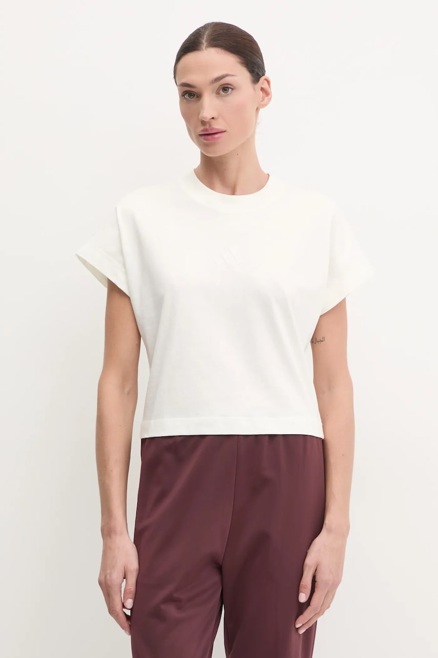 adidas tricou din bumbac ALL SZN femei, culoarea bej, JJ1243 adidas tricou din bumbac ALL SZN femei, culoarea bej, JJ1243