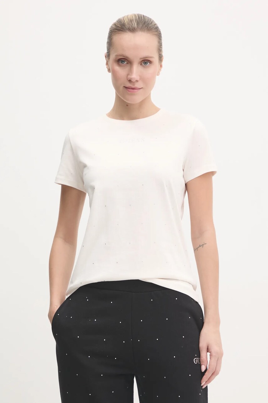 Levně Tričko Guess RHINESTONES béžová barva, V5RI18 I3Z14