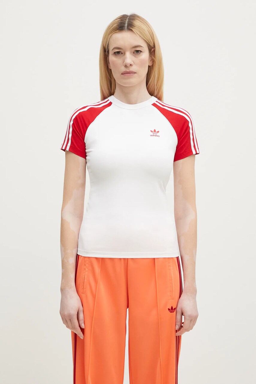 adidas Originals tricou din bumbac Adicolor 3 Stripe Raglan Slim Tee femei, culoarea alb, JD0835