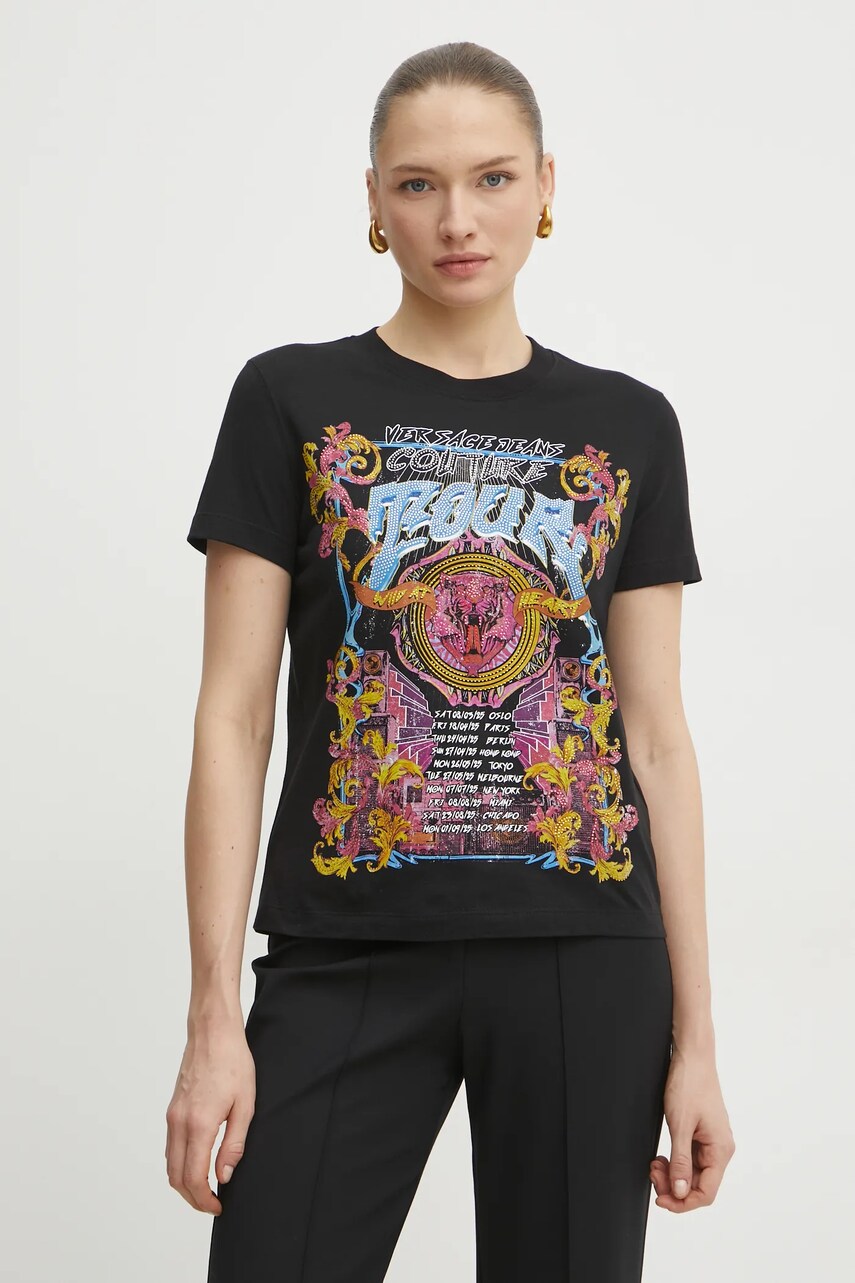 Versace Jeans Couture tricou din bumbac femei, culoarea negru, 78HAHC03 CJ01C