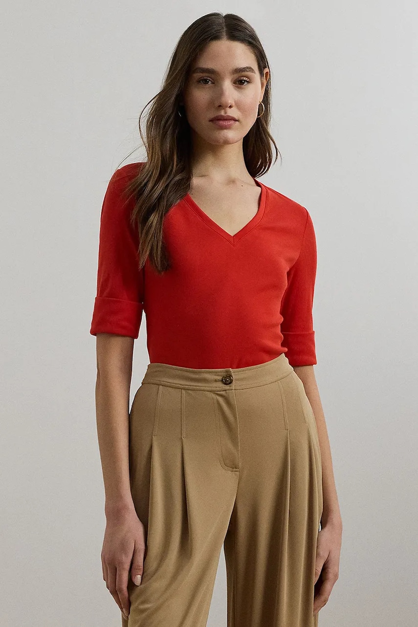 Levně Bavlněné tričko Lauren Ralph Lauren dámské, červená barva, 200815843