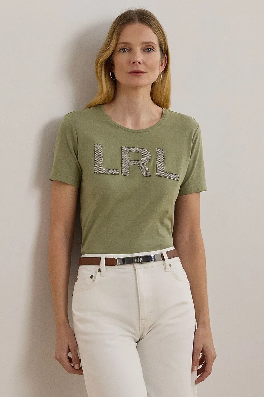 Levně Bavlněné tričko Lauren Ralph Lauren zelená barva, 200963874