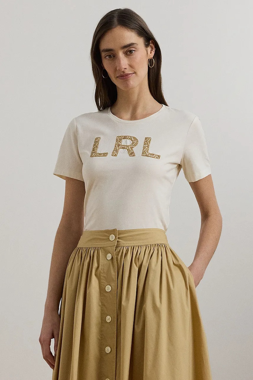 Levně Bavlněné tričko Lauren Ralph Lauren dámské, béžová barva, 200963950