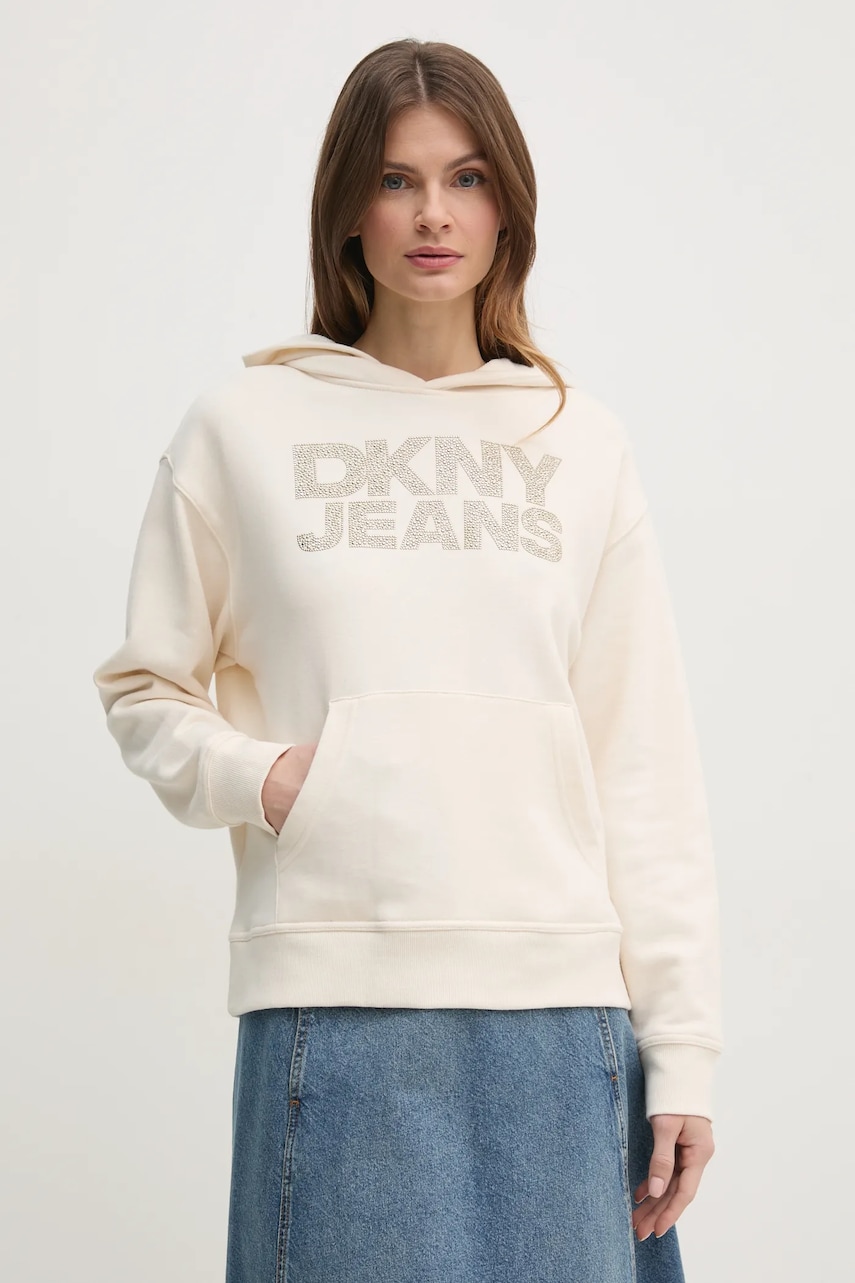 Dkny hanorac de bumbac femei, culoarea bej, cu glugă, cu imprimeu, DJ4T1299 Dkny hanorac de bumbac femei, culoarea bej, cu glugă, cu imprimeu, DJ4T1299