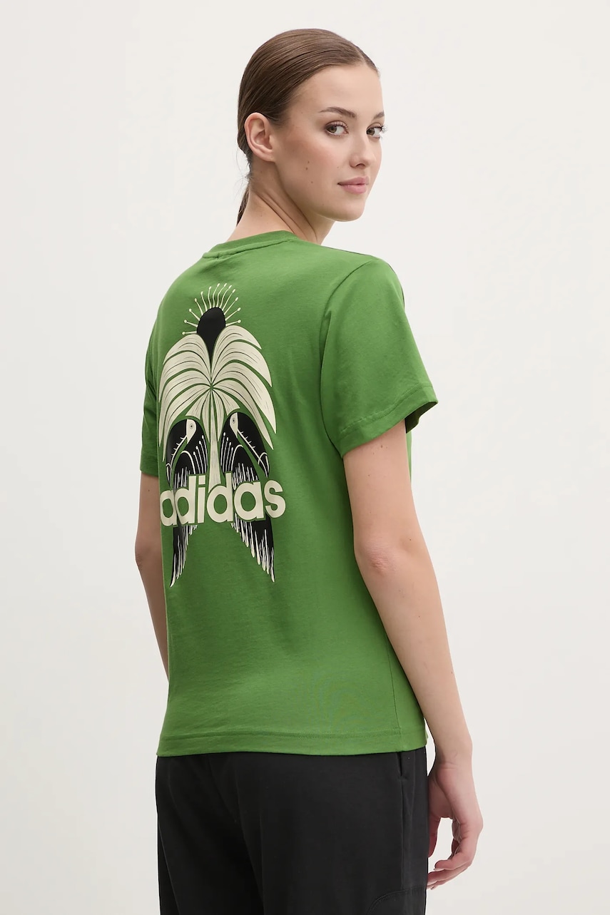 adidas tricou din bumbac x Farm Rio femei, culoarea verde, JD6292 adidas tricou din bumbac x Farm Rio femei, culoarea verde, JD6292