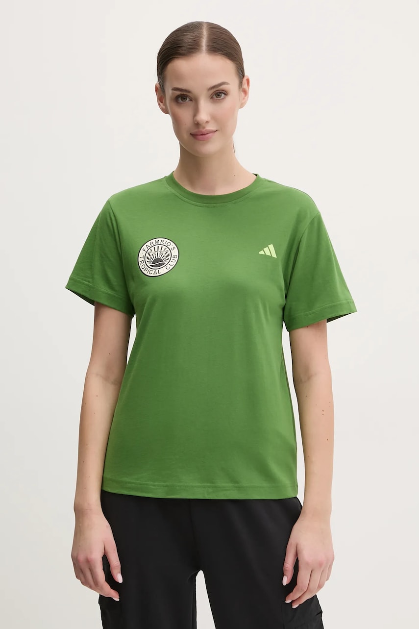 Хлопковая футболка adidas x Farm Rio женская цвет зелёный JD6292 Хлопковая футболка adidas x Farm Rio женская цвет зелёный JD6292