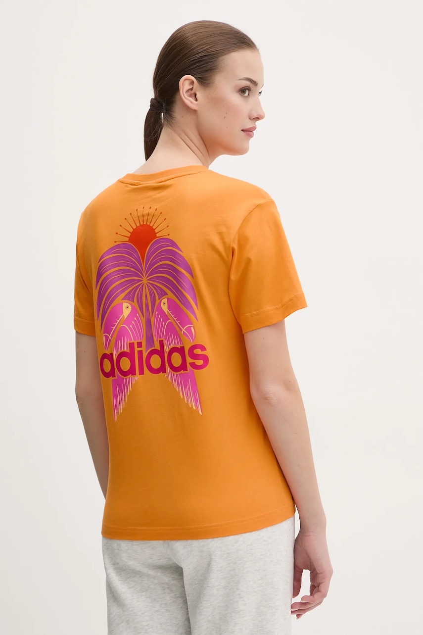 adidas tricou din bumbac x Farm Rio femei, culoarea portocaliu, JD6293 adidas tricou din bumbac x Farm Rio femei, culoarea portocaliu, JD6293