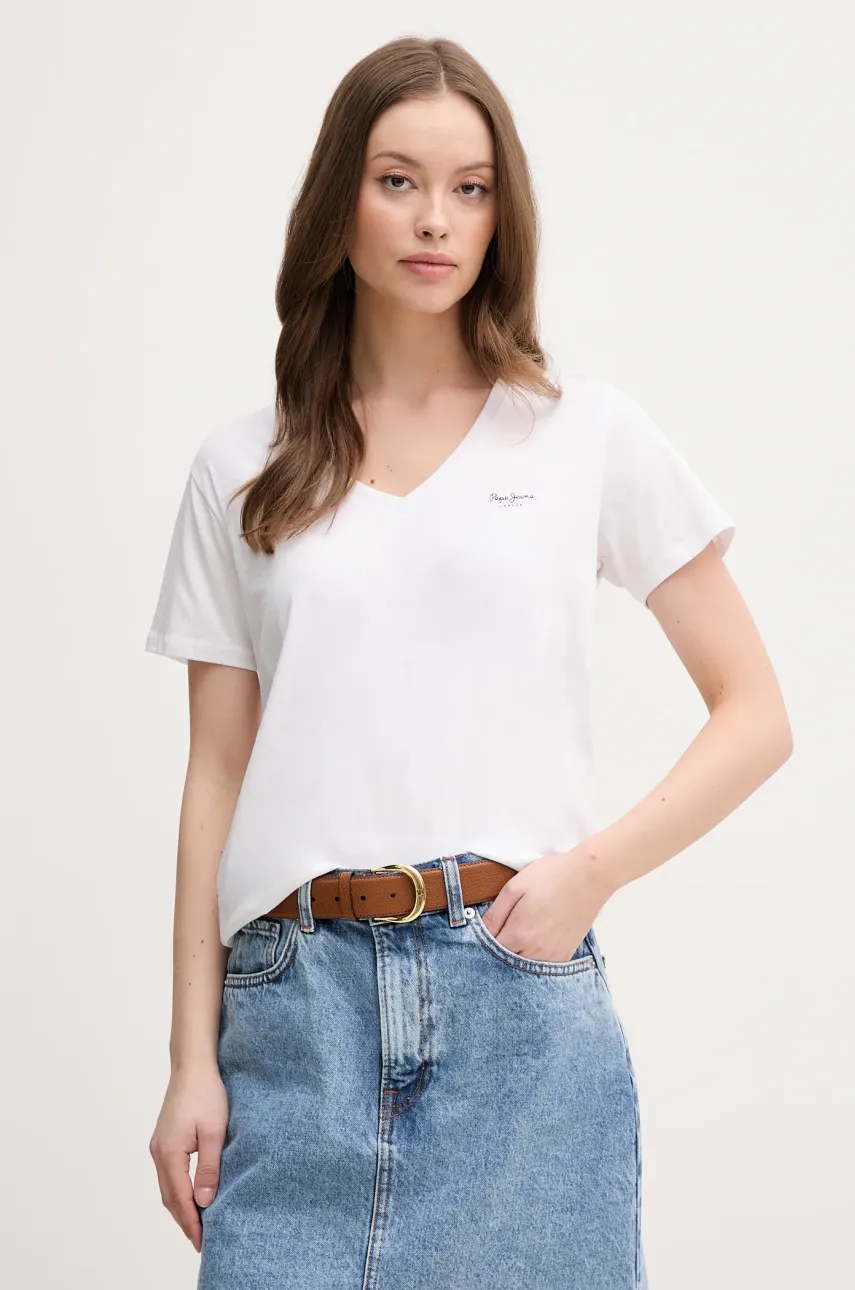 Pepe Jeans tricou din bumbac MACY V-NECK femei, culoarea alb, PL506051