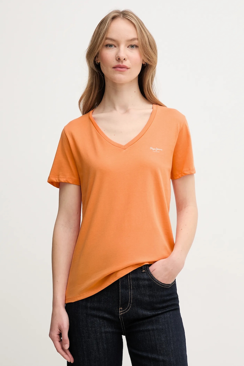 Pepe Jeans tricou din bumbac MACY V-NECK femei, culoarea portocaliu, PL506051